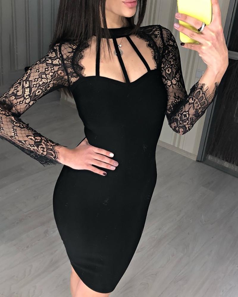 

Mesh Eyelash Lace Cut Out Midi Dress, Black