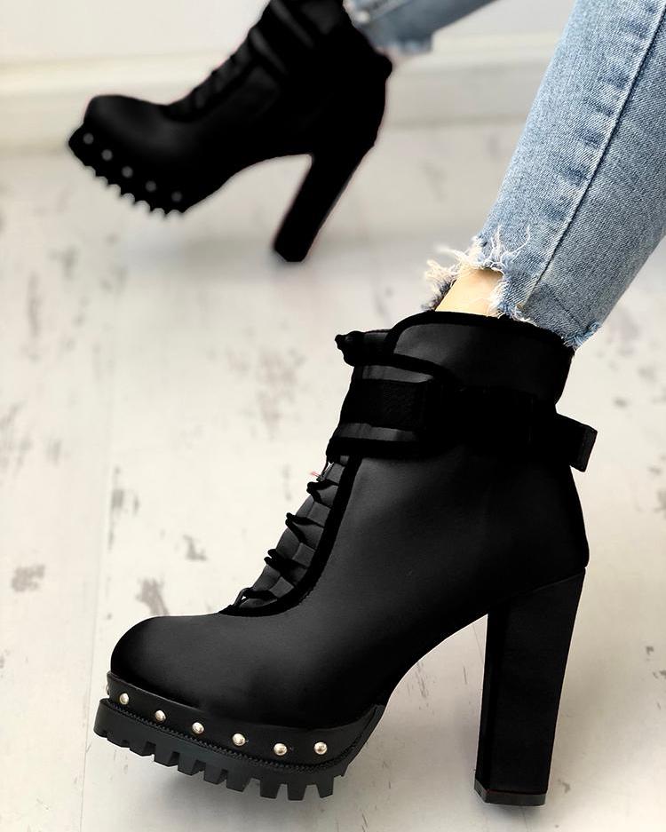 

Rivet Embellished Lace-Up Chunky Thin Boots
