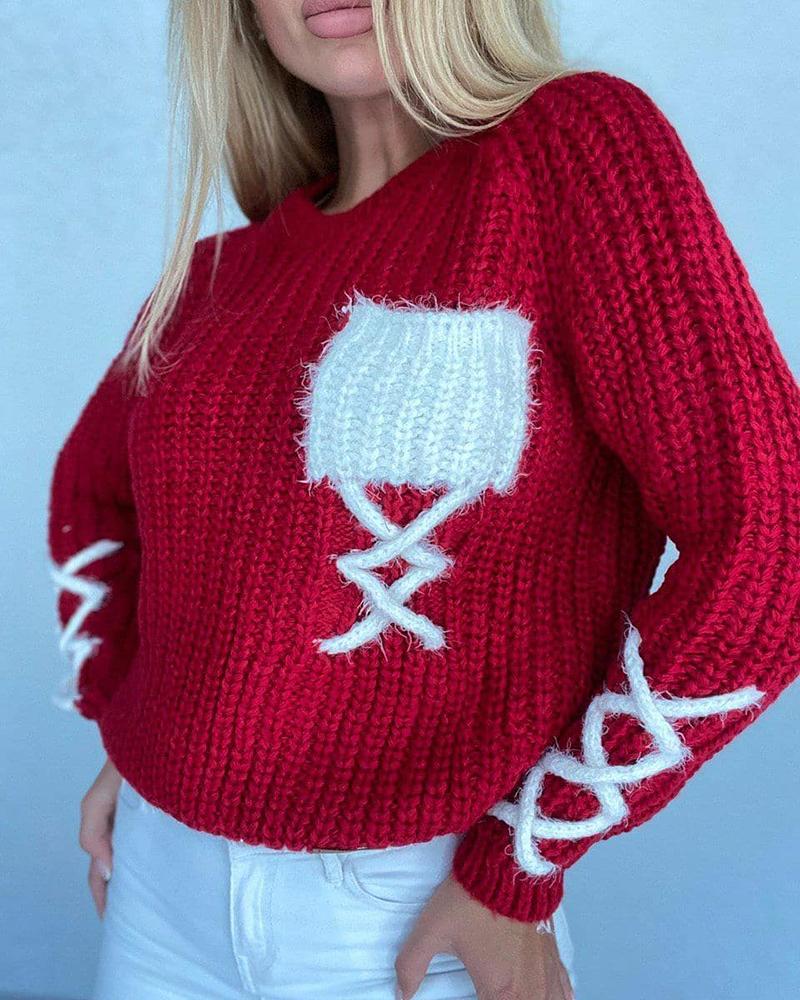 

Colorblock Pocket Design Long Sleeve Knit Sweater, Red