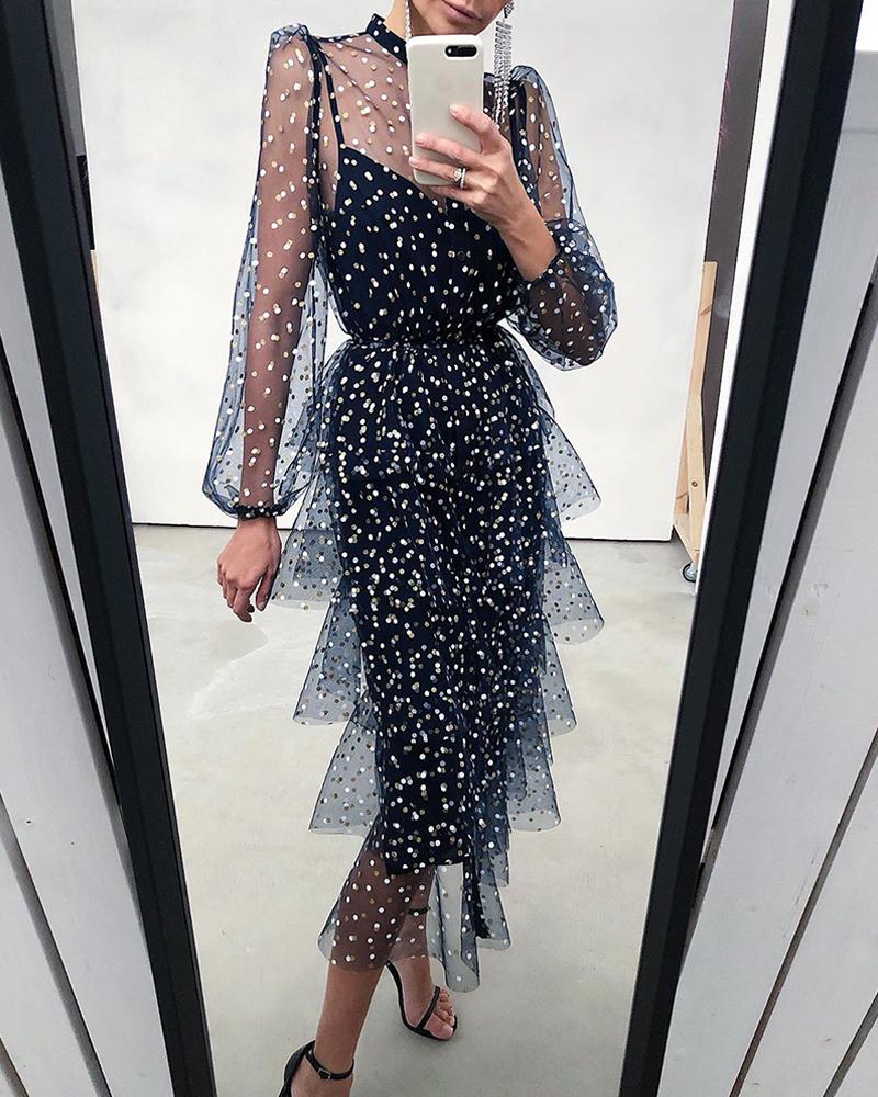 

Polka Dot Layered Mesh Dress, Black