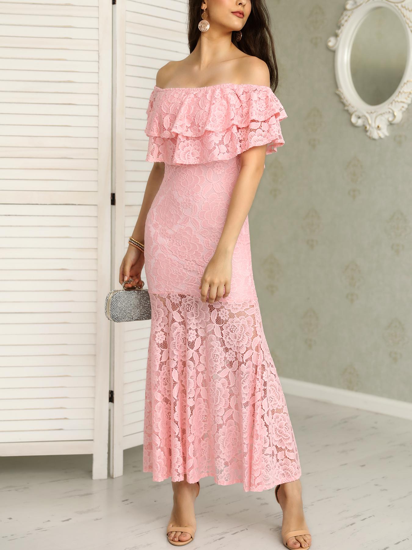 

Solid Lace Ruffles Layered Fishtail Maxi Dress, Pink
