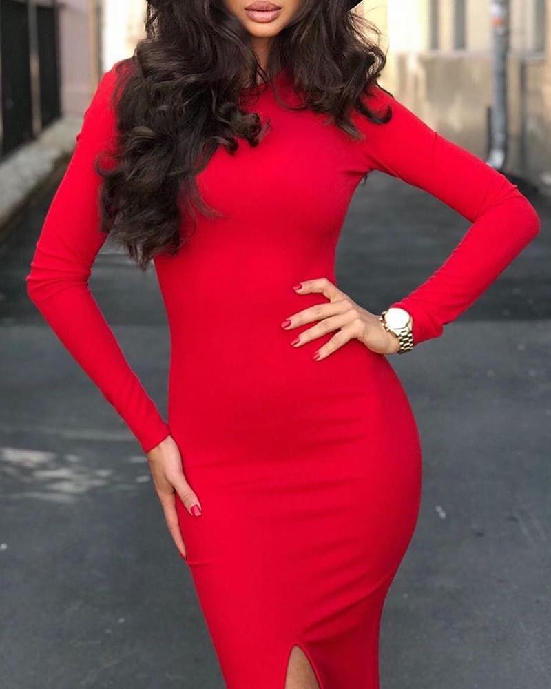 

Solid Long Sleeve Slit Bodycon Dress, Red