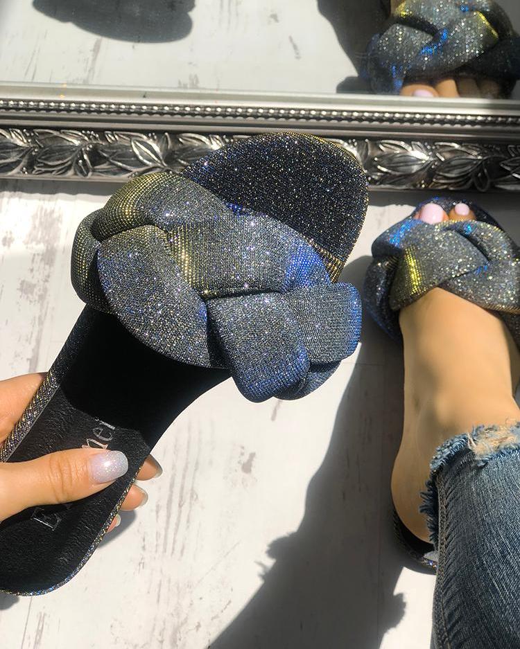 

Glitter Braided Design Flat Sandals, Blue