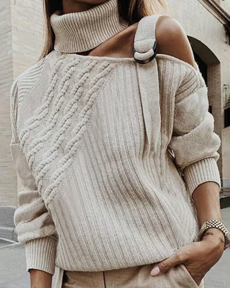 

Solid High Neck Cut Out Knitting Sweater, White