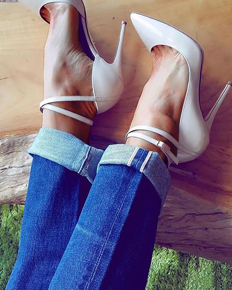 

Pointed Toe Ankle Strap Pumps - White