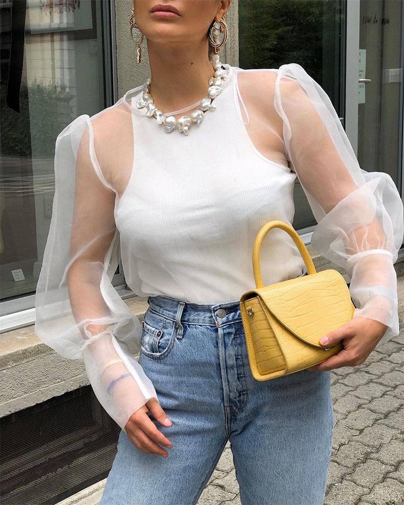 

Sheer Mesh Lantern Sleeve Top With Lining, White