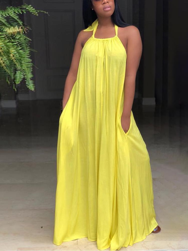 

Solid Halter Maxi Dress Beach Cover Up