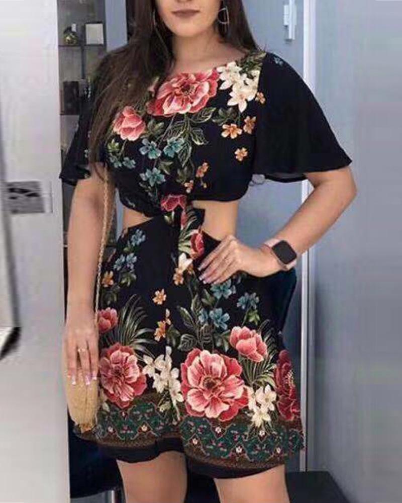 

Floral Floral Print Cutout Waist Dress, Black
