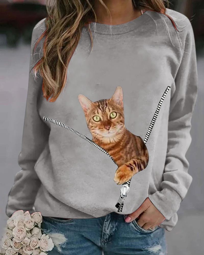 

Cat Print Zipper Front Casual Sweatshirt, Gray