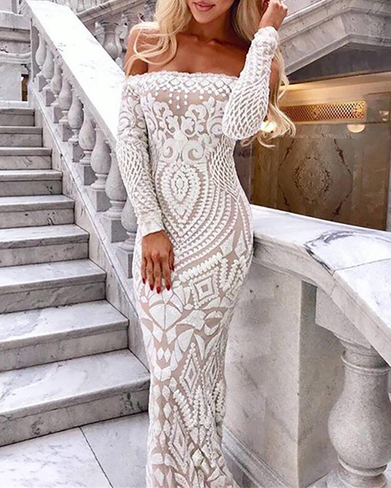 

Off Shoulder Sheer Sequins Dress, White