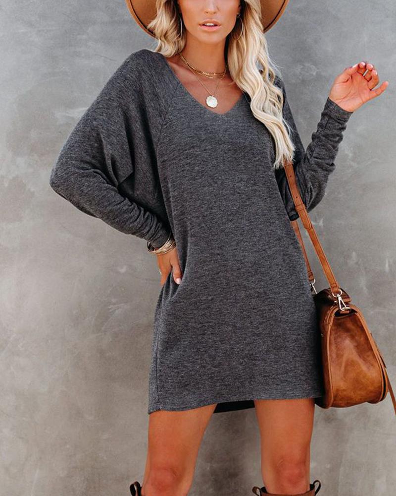 

Solid Color Long Sleeve Sweater Dress, Dark grey