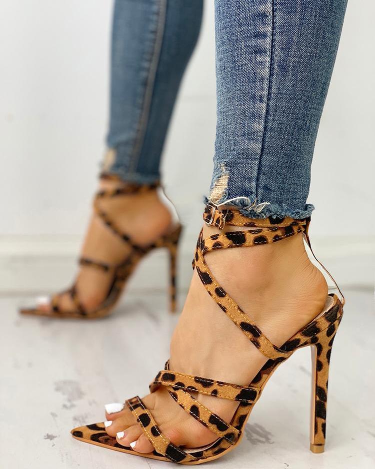 

Leopard Bandage Crisscross Thin Heeled Sandals