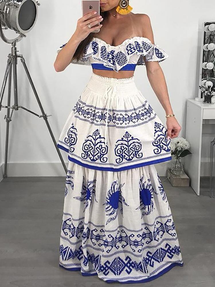 

Tribal Print Ruffles Crop Top & Shirring Skirt Sets, White
