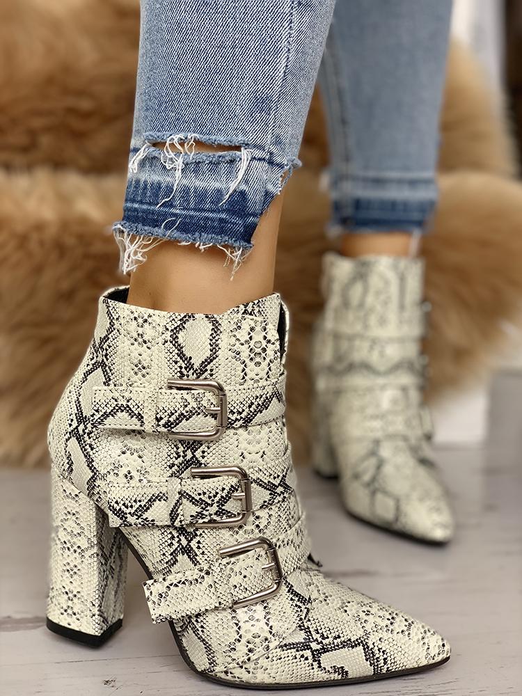

Animal Print Buckle Pointed Toe Boots, Gray