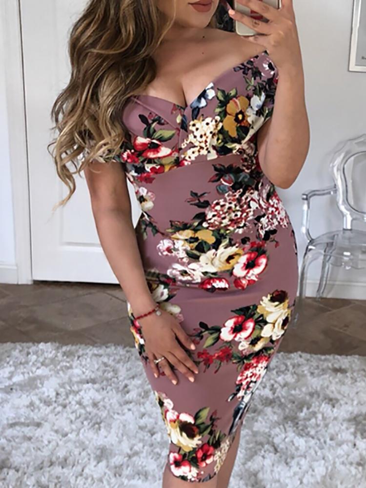 

Floral Print Off Shoulder Bodycon Dress, Purple