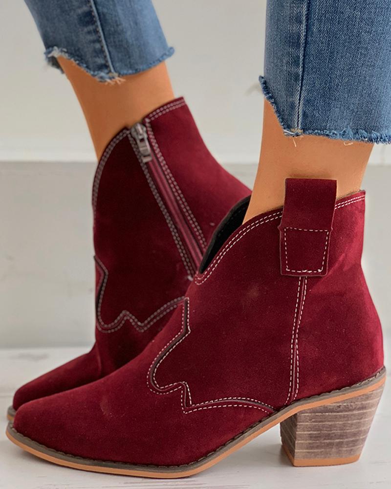 

Zipper Design Pointed Toe Chunky Boots, Wine red