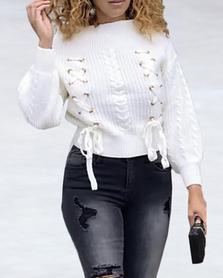 

Eyelash Lace-Up Long Sleeve Sweater, White