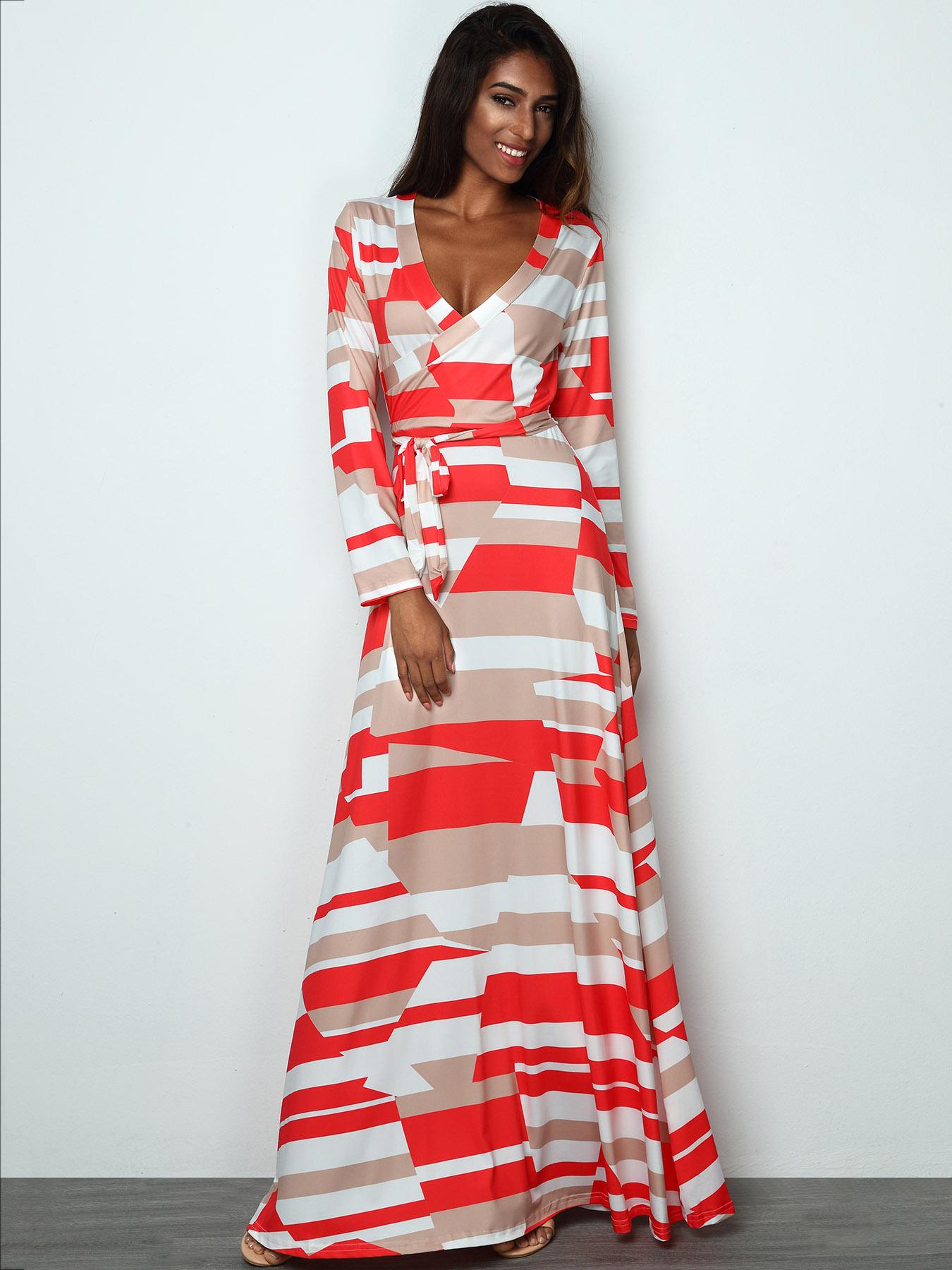 

Color Block Geo Print Tied Waist Maxi Wrap Dress, White