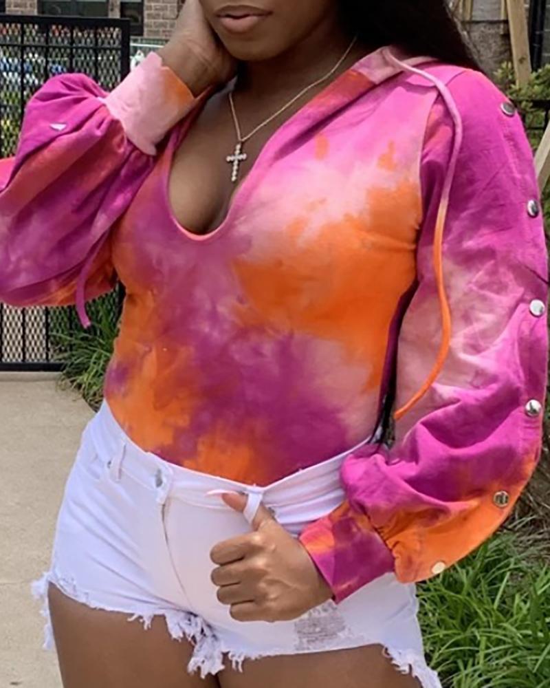 

Tie Dye Print Button Slit Sleeve Hooded Bodysuit, Pink