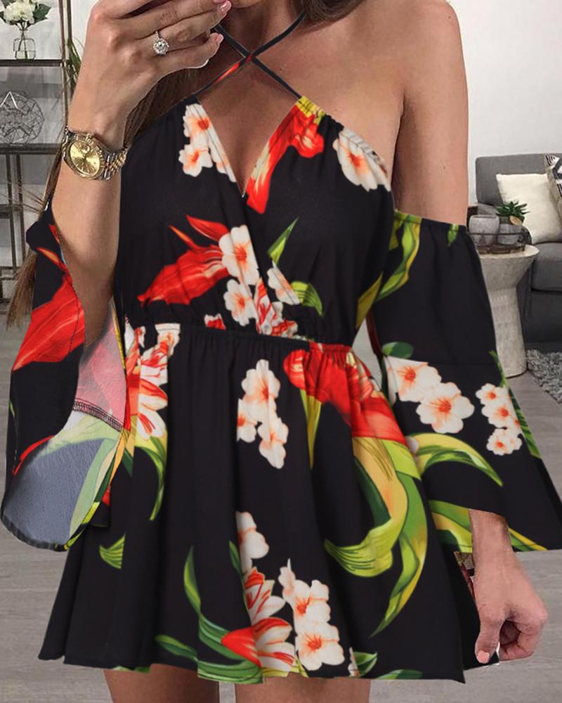 

Floral Print Cold Shoulder Ruffles Dress, Multicolor