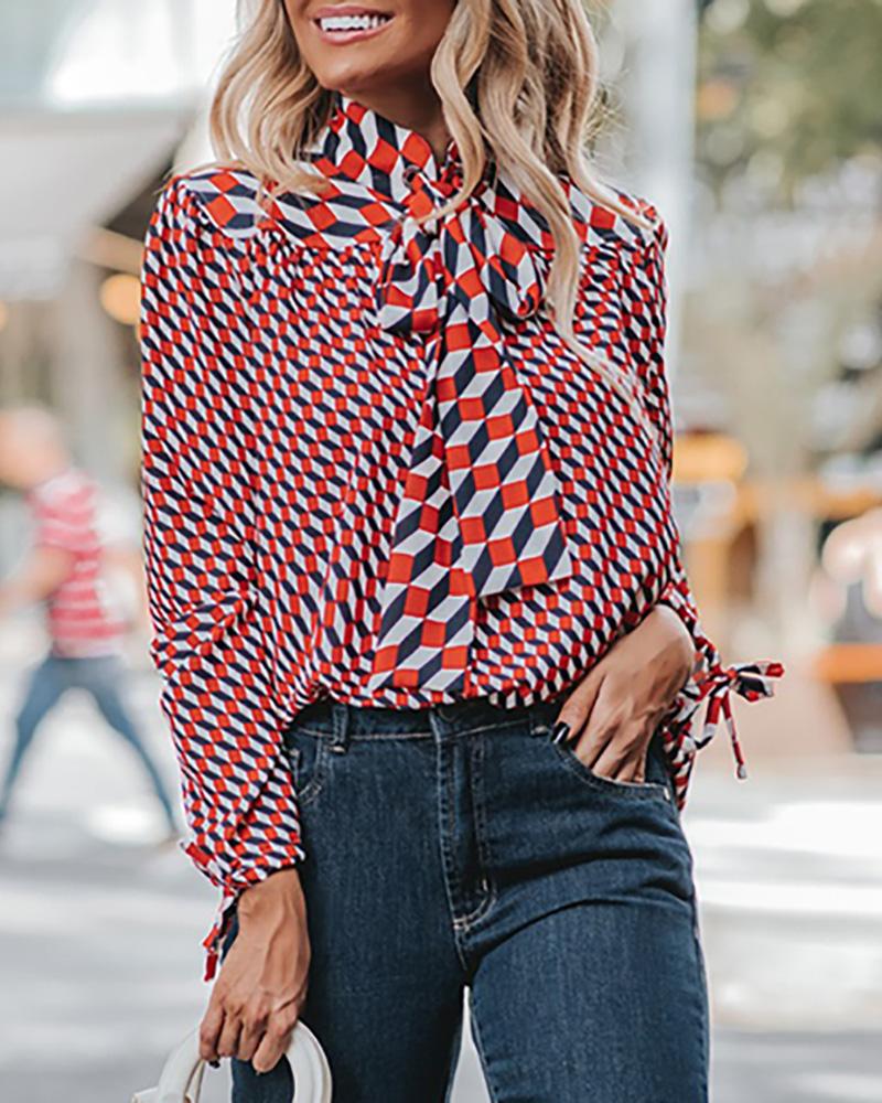 

Digital Print Tied Neck And Cuff Blouse, Red