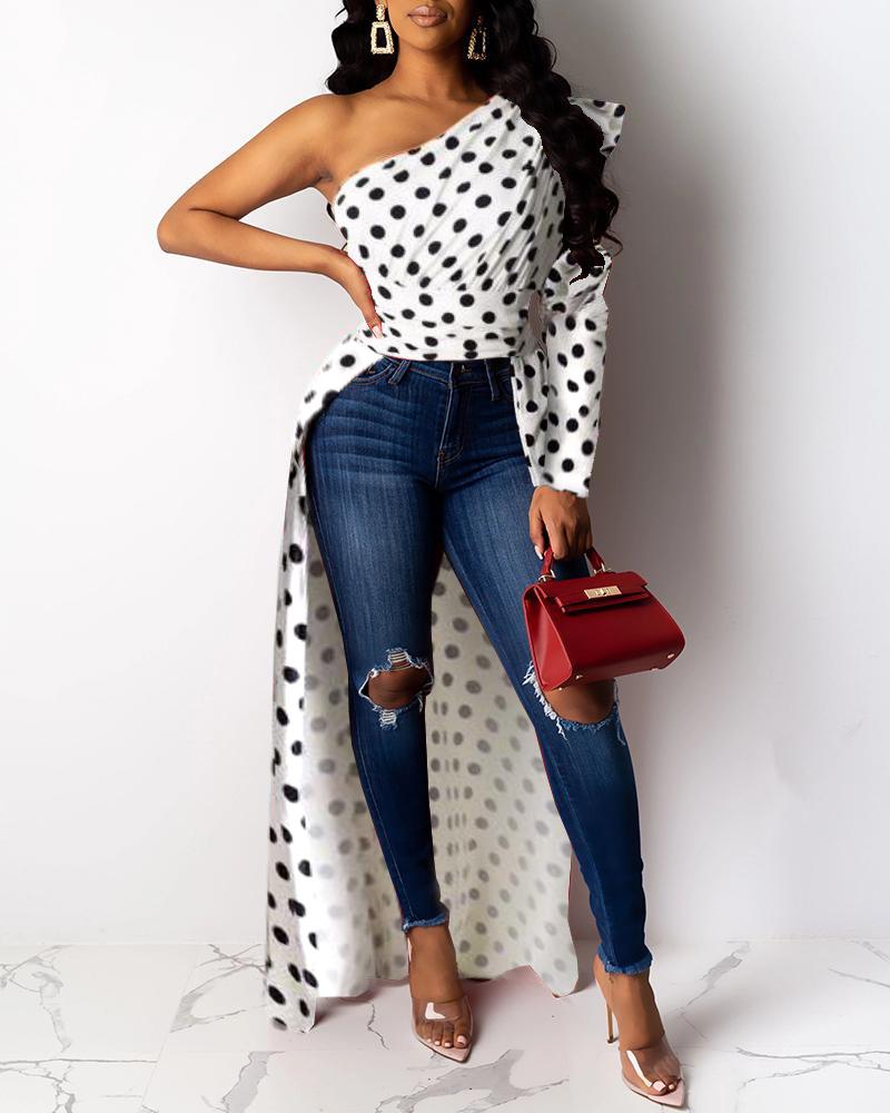 

One Shoulder Polka Dot Puff Sleeve Dip Hem Longline Blouse, White