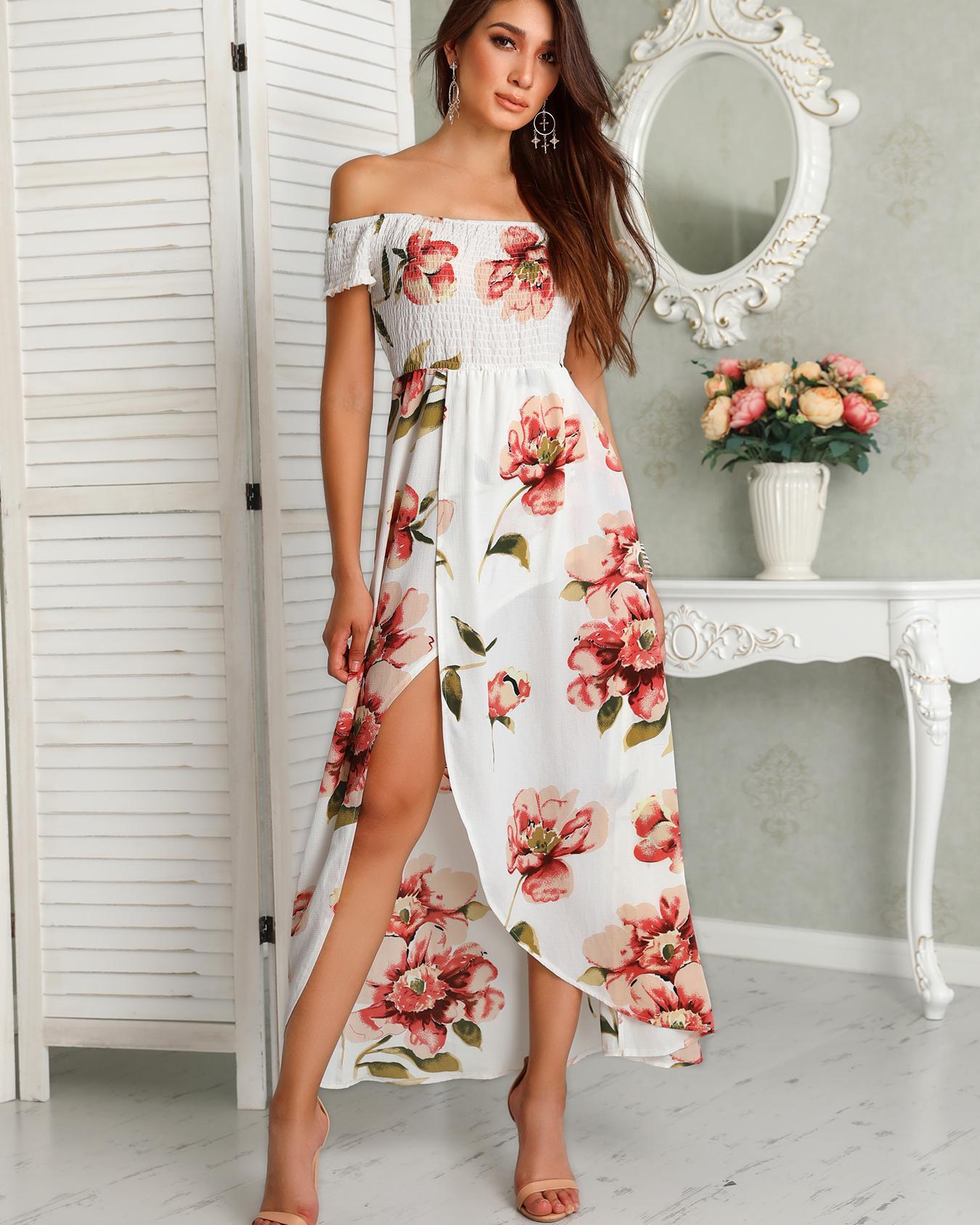 

Floral Print Shirring Off Shoulder Slit Maxi Dress, White