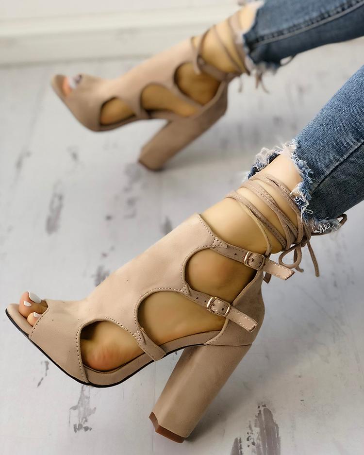 

Lace-up Cutout Buckled Chunky Heel Sandals, Khaki