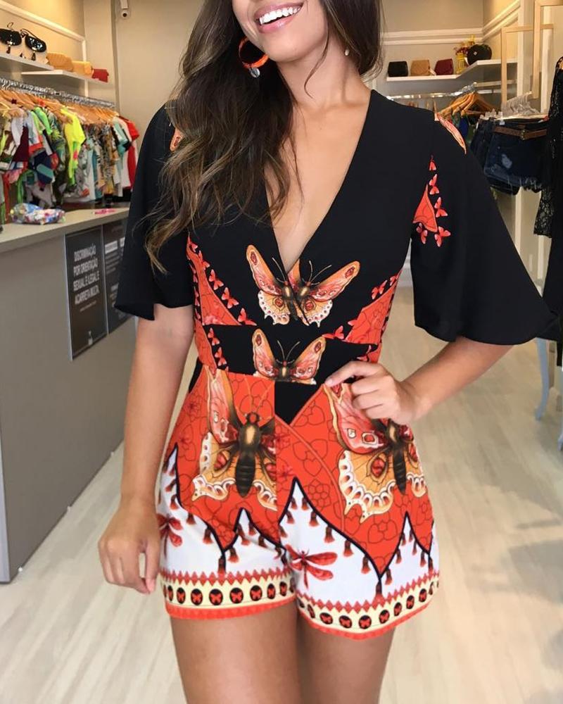 

V-Neck Bell Short Sleeve Print Romper, Black