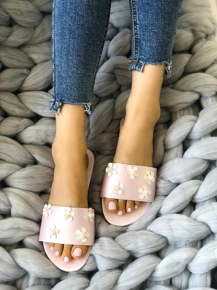 

Floral Embellished Single Strap Flat Sandals, Pink