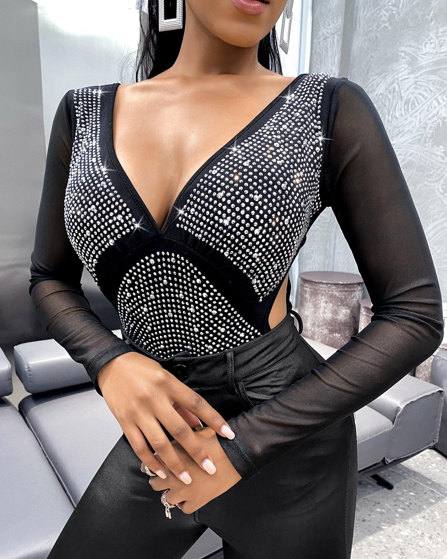 

Sheer Mesh Studded Cutout Bodysuit, Black