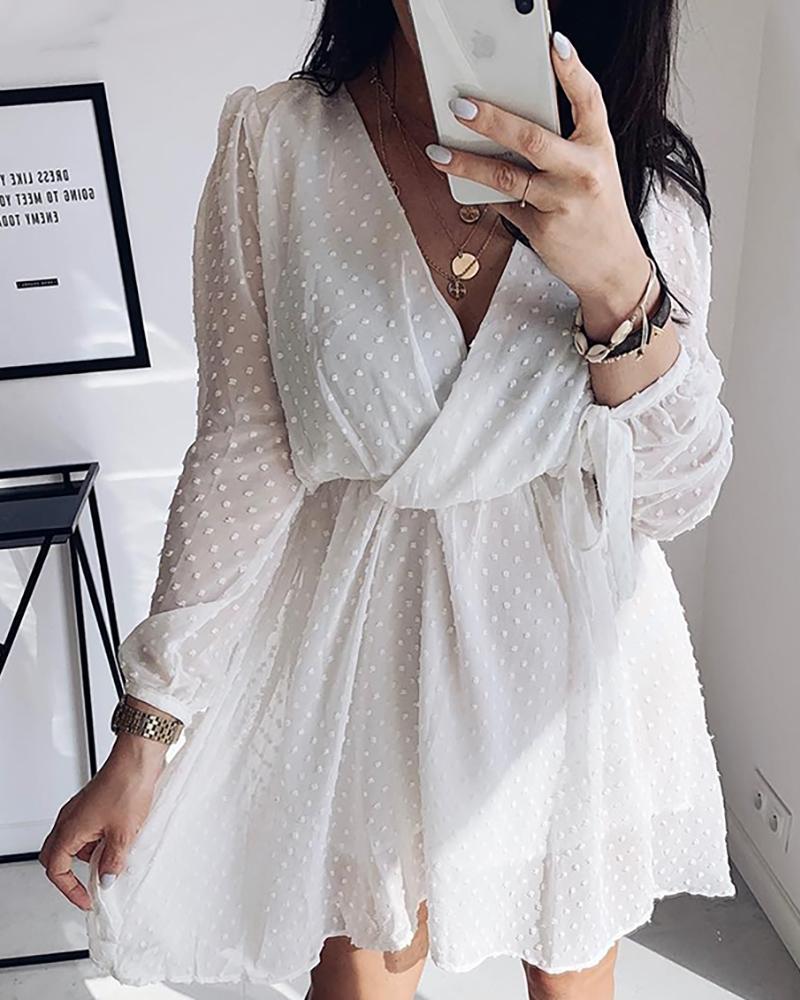 

Long Sleeve V-Neck Wrap Dot Casual Dress