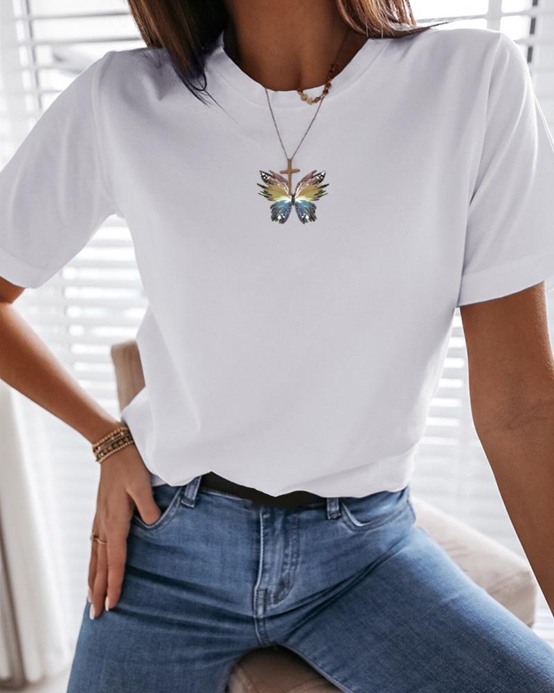 

Short-Sleeved Print Butterfly T-shirt, White