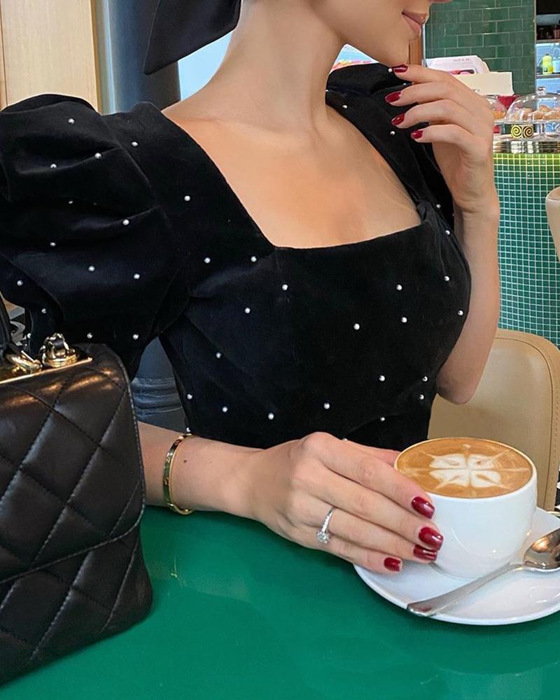 

Beaded Velvet Puffed Sleeve Top, Black