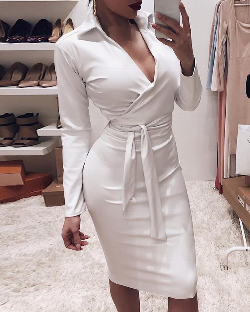 

Plunge Bowknot Detail Long Sleeve Bodycon Dress, White