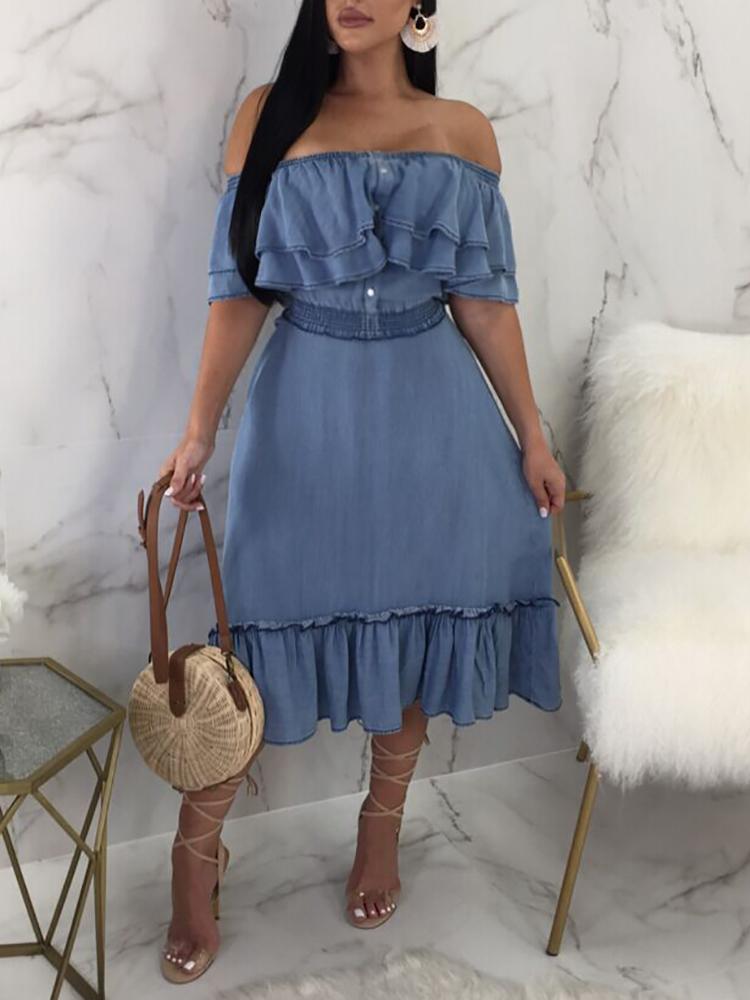 

Off Shoulder Layered Ruffles Denim Casual Dress