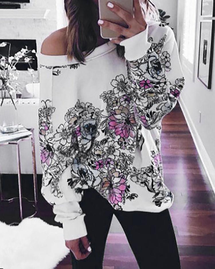 

Vintage Floral Print Skew Neck Casual Sweatshirt, White
