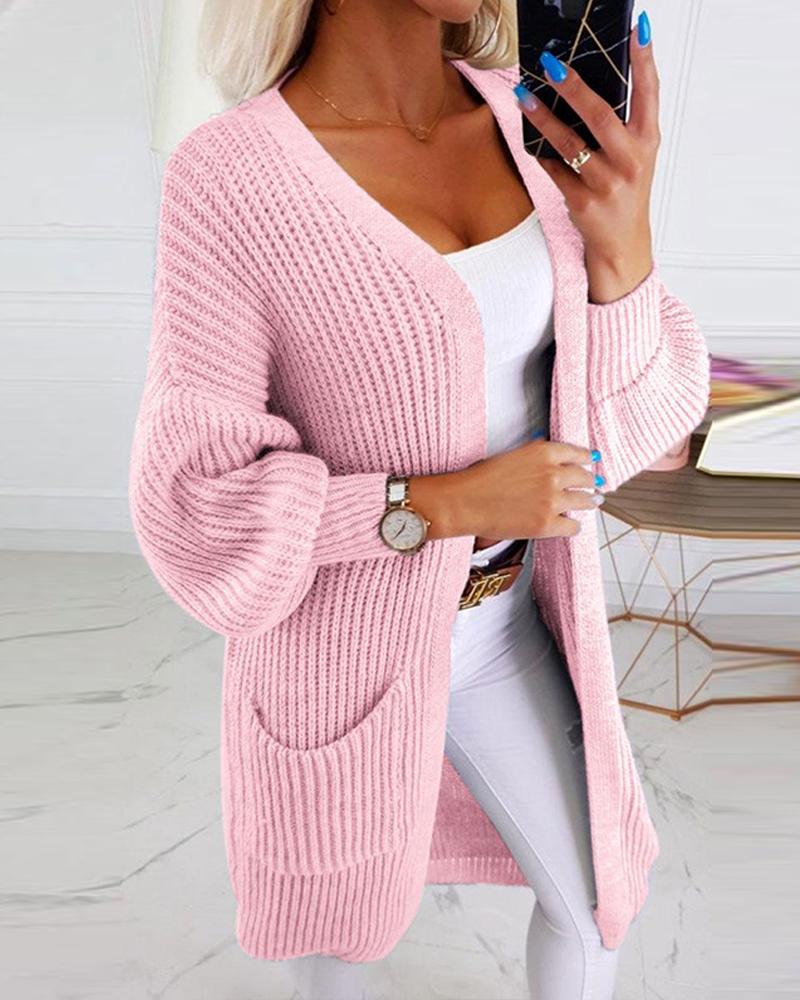 

Open-Front Ribbed Knit Casual Cardigan, Pink