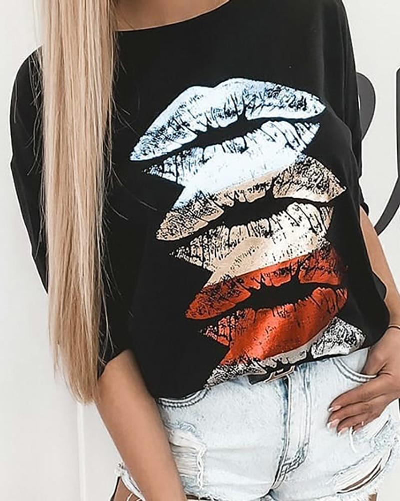 

Lips Print Long Sleeve T-shirt, Black