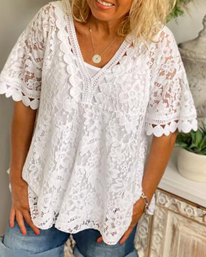 

Crochet Lace Short Sleeve T-Shirt, White