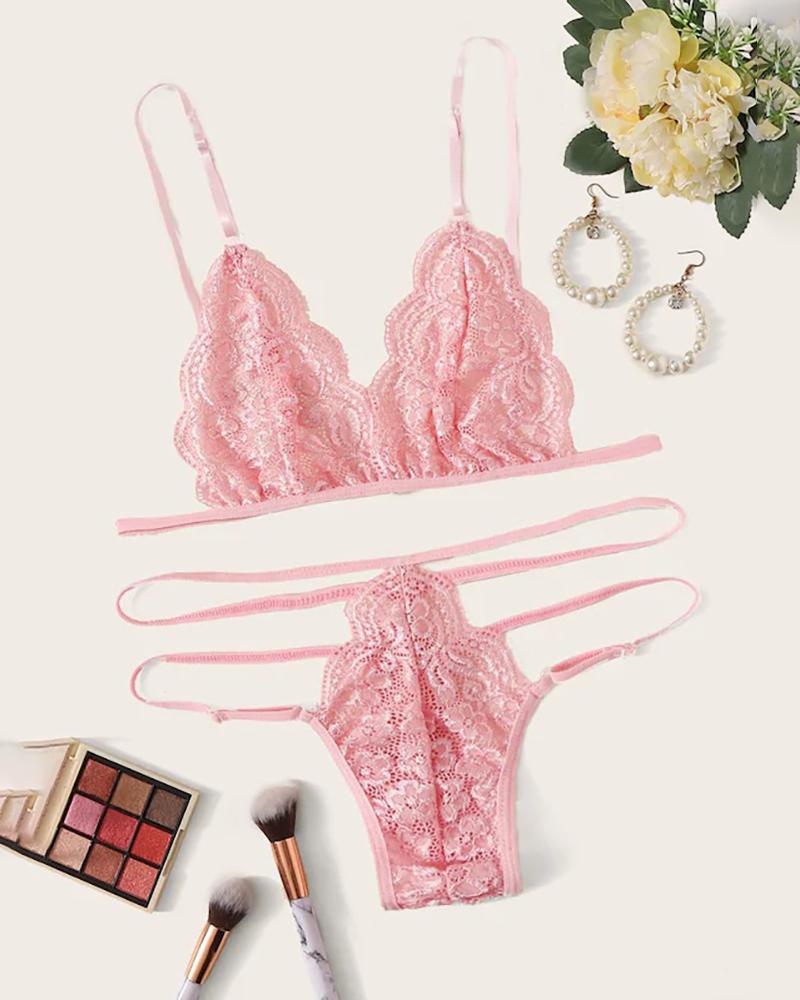

Guipure Lace Trim Bra Set, Pink