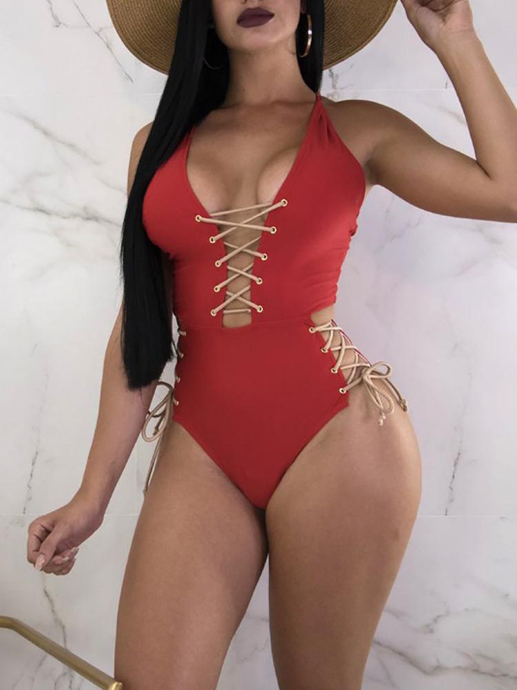 

Criss Cross Halterneck Lace-Up One-Piece Swinmwear, Red