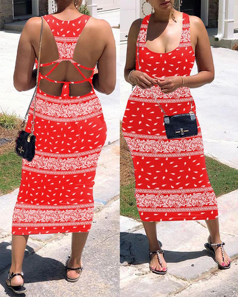 

Retro Print Tied Detail Backless Dress, Red