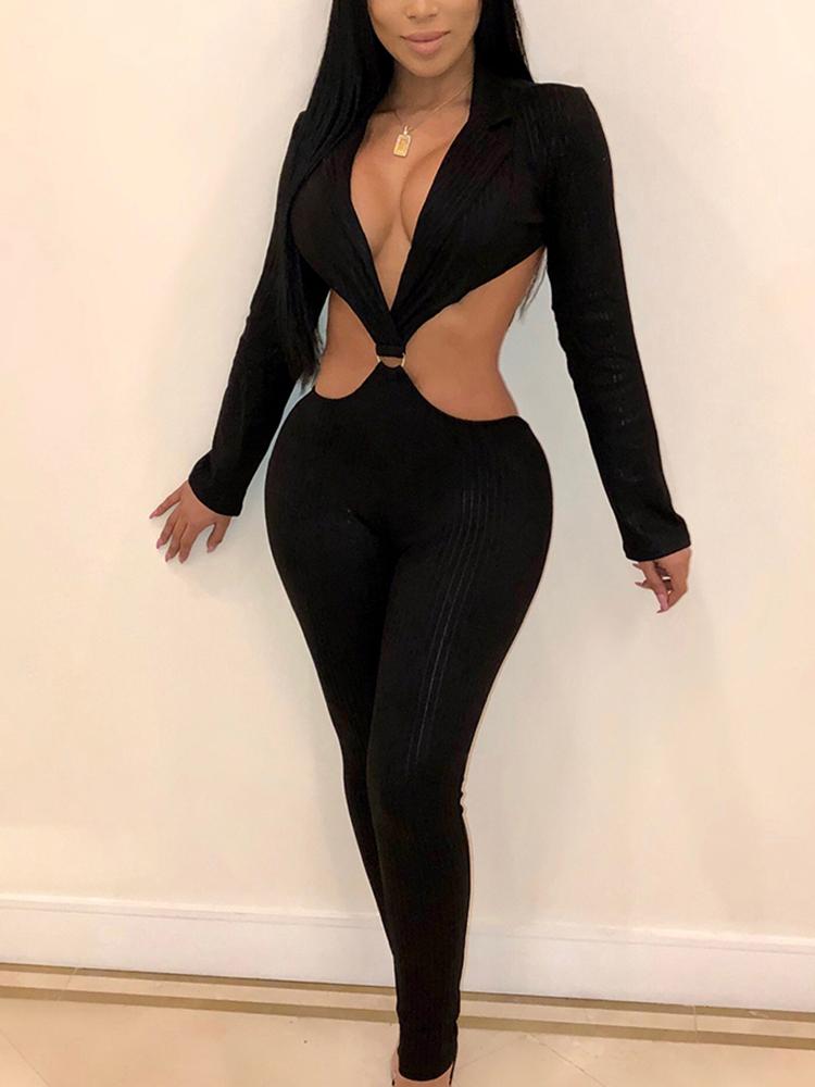 

Plunge Cut Out Slinky Jumpsuits, Black