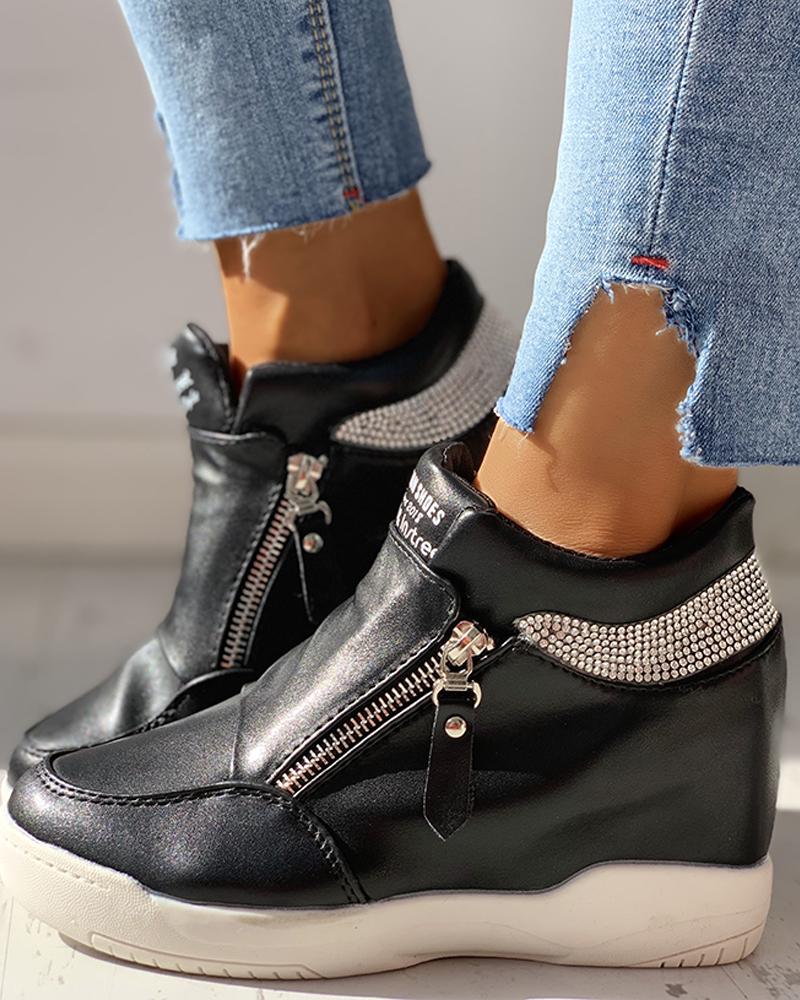 

Zippper Studded Platform Wedges Casual Sneakers, Black