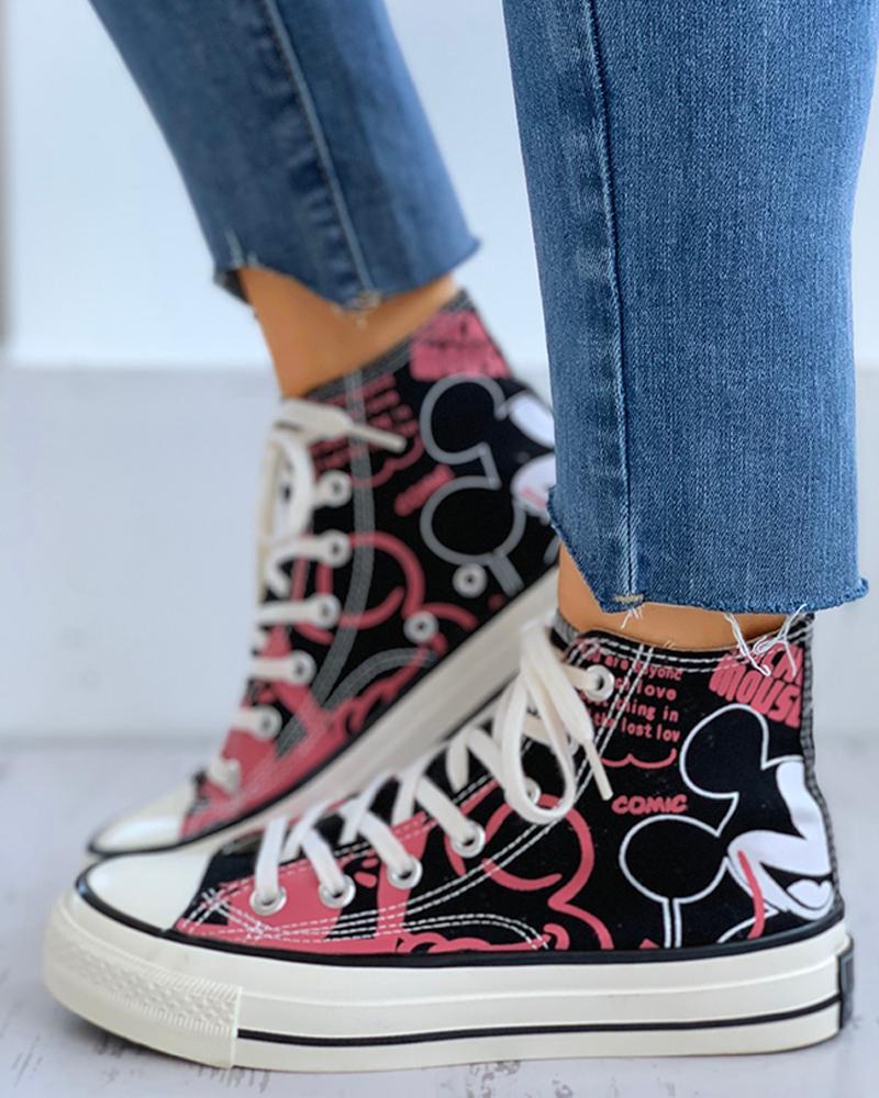 

Cartoon Print Lace-Up Casual Sneakers, Black