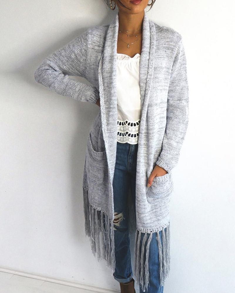 

Plain Tassel Knitted Oversized Cardigan, Gray