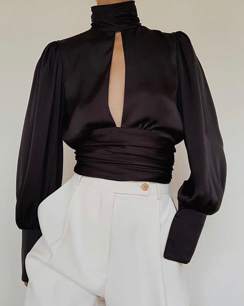 

Lantern Sleeve High Neck Cutout Blouse