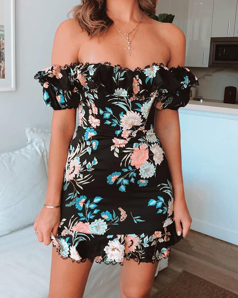 

Off Shoulder Floral Print Ruffles Lace Trim Casual Dress, Black