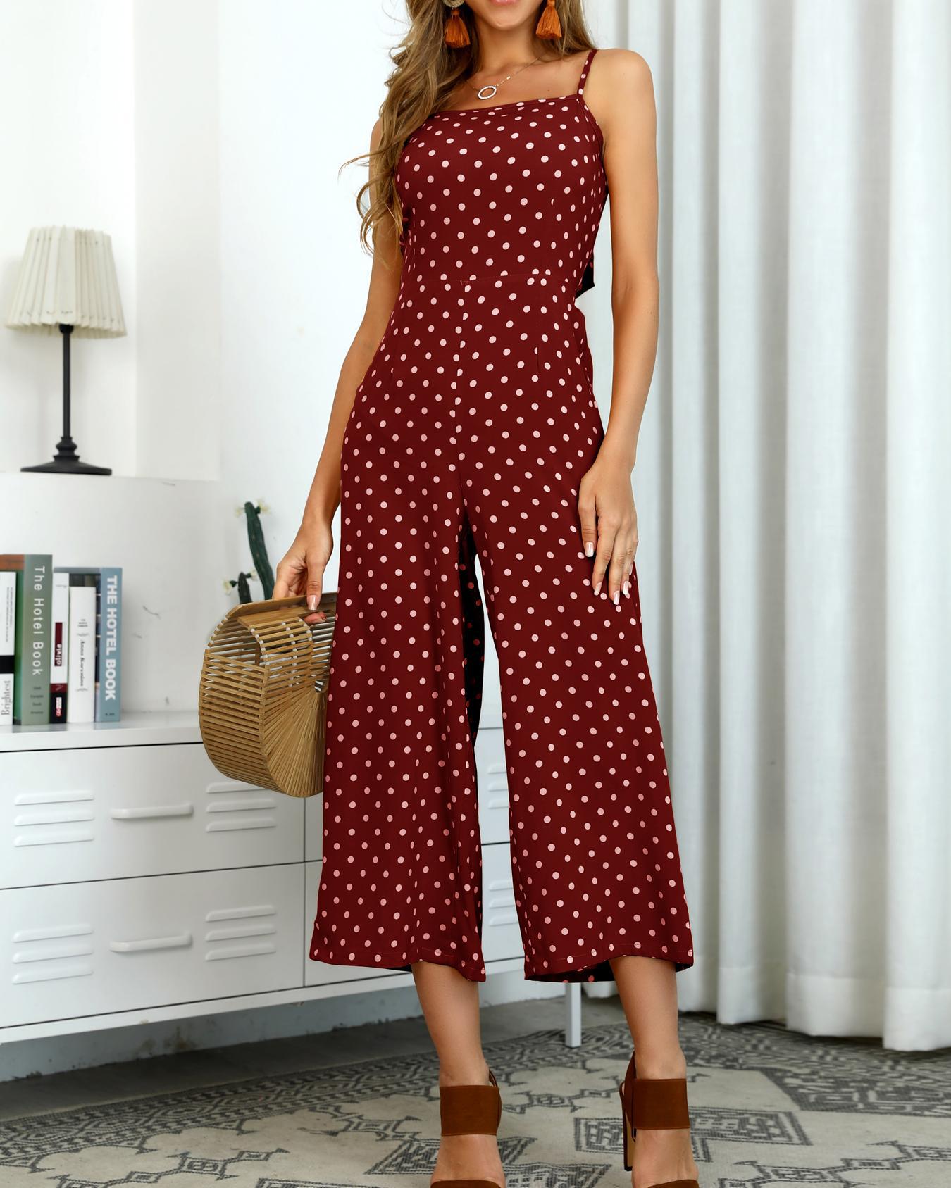 

Knot Open Back Dots Print Jumpsuit, Red
